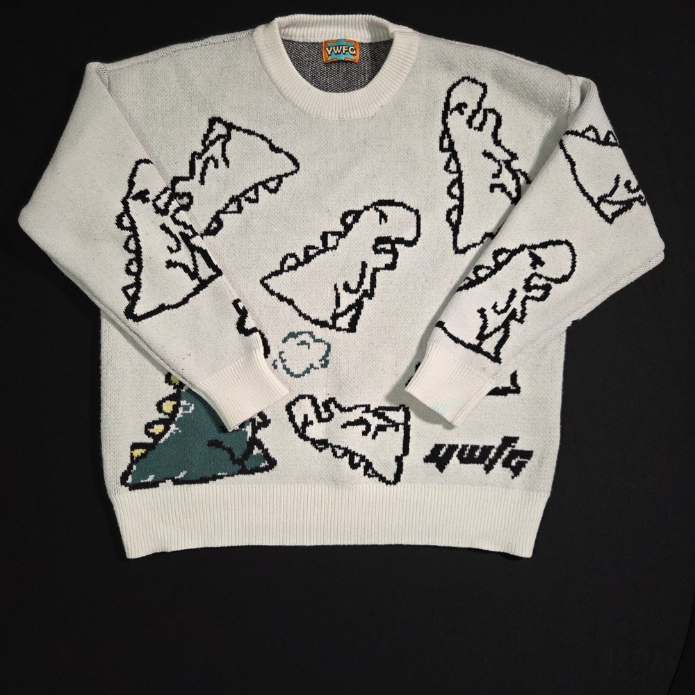 YWFG White Dinosaur Graphic Knit‎ Sweater Women's Size L